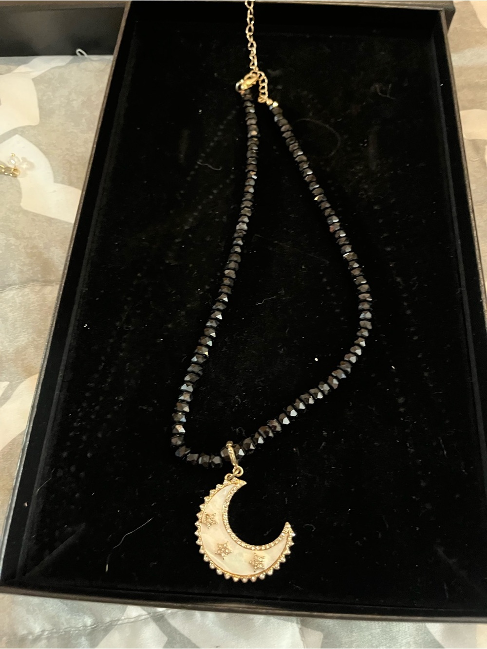 Park Lane Gold Crescent Moon Pendant Necklace with Black Beads